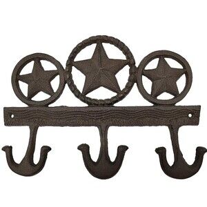 Cast Iron Texas Stars Rings Wall Hook Rack Key Towel Coat Hanger Rustic Brown
